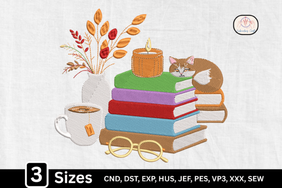 Aesthetic Cat Book Lover Book Stack: A Cozy Embroidery Design for Boutique Sweatshirts